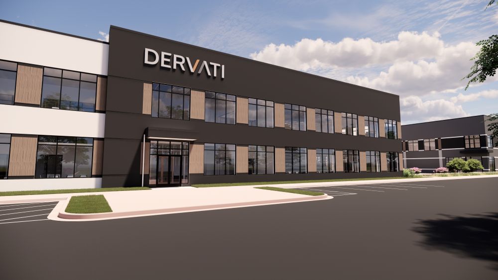 Modern building with 'DERVATI' branding on a clear day