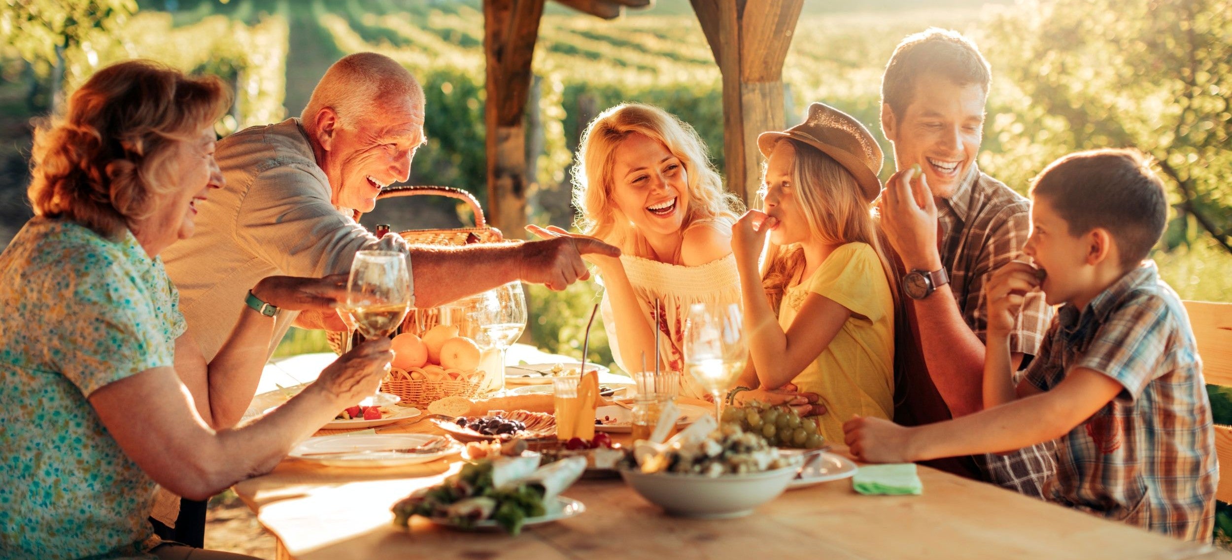 Family enjoying a meal outdoors with a scenic background